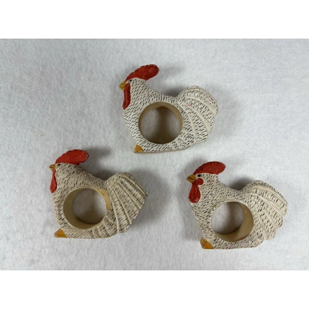 Set of 6 Hand Painted Wooden Chicken Napkin Rings Rooster Farmhouse Decor